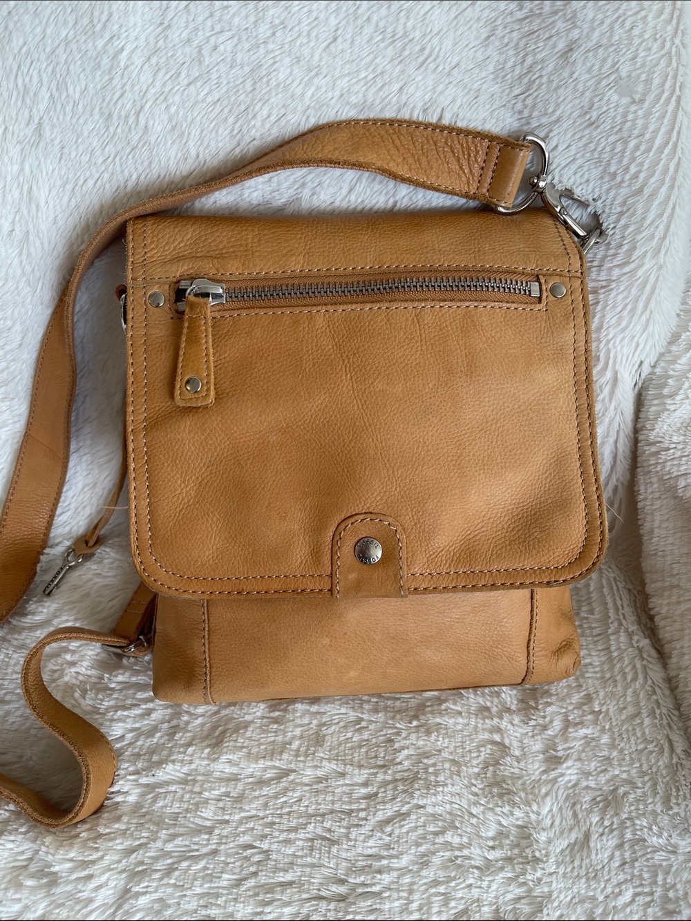 Fossil Tan Camel Organizer Leather Messenger Crossbody Bag
